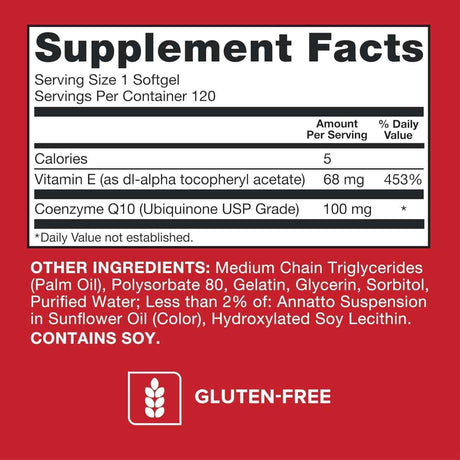 Tabla nutricional del suplemento Qunol Ultra CoQ10 120 cápsulas blandas