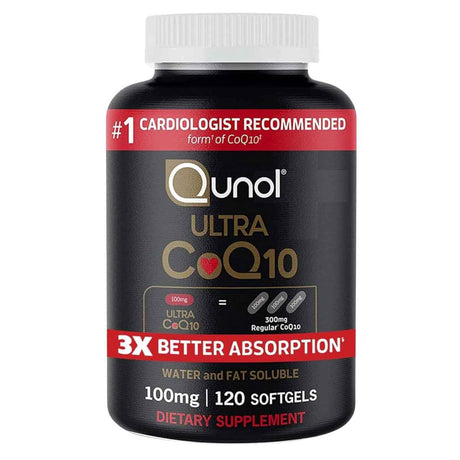 Frasco de suplemento Qunol Ultra CoQ10 120 cápsulas blandas