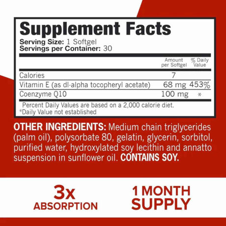 Tabla nutricional del suplemento Qunol Ultra CoQ10 30 cápsulas blandas