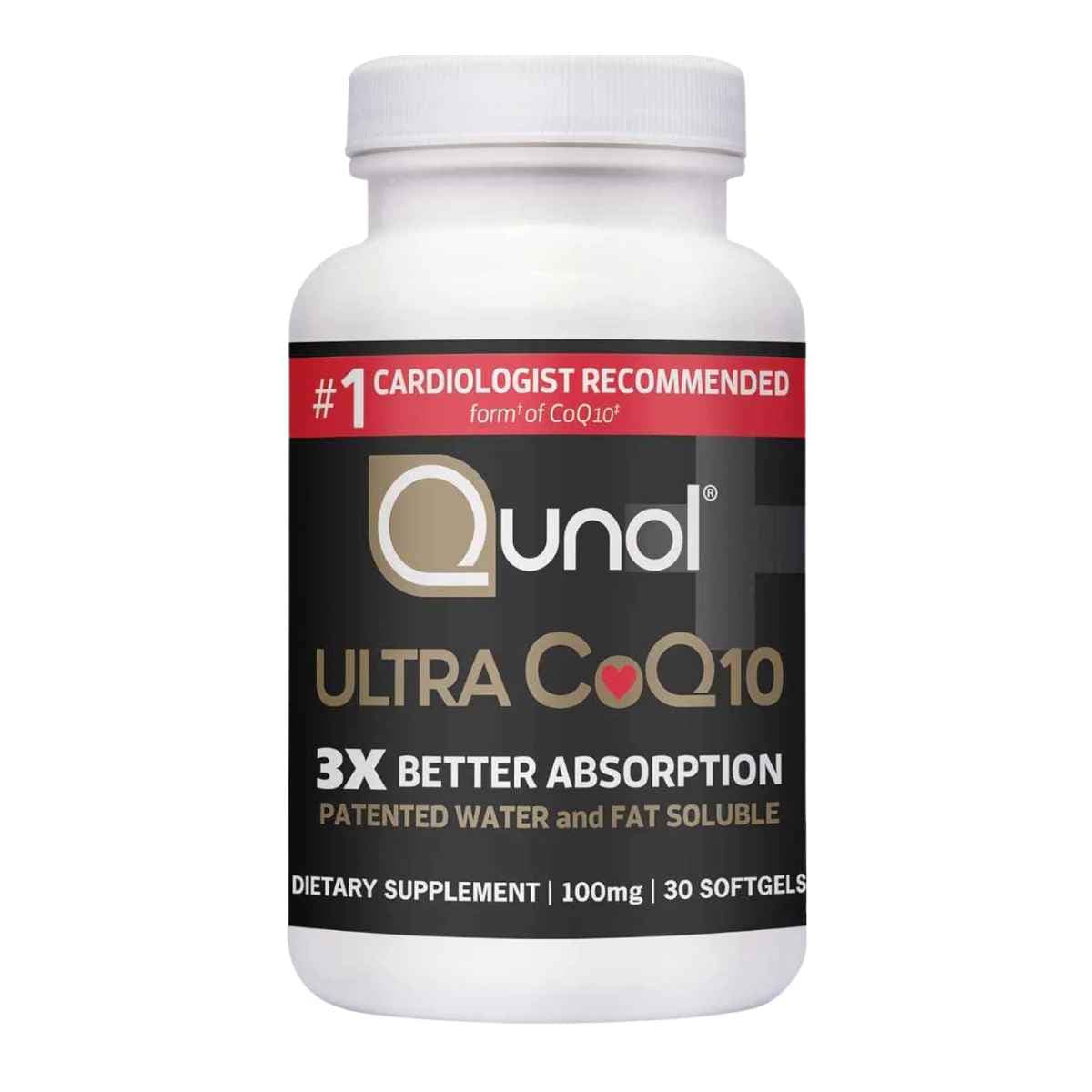 Frasco de suplemento Qunol Ultra CoQ10 30 cápsulas blandas