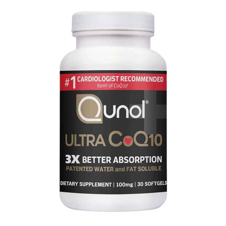 Frasco de suplemento Qunol Ultra CoQ10 30 cápsulas blandas