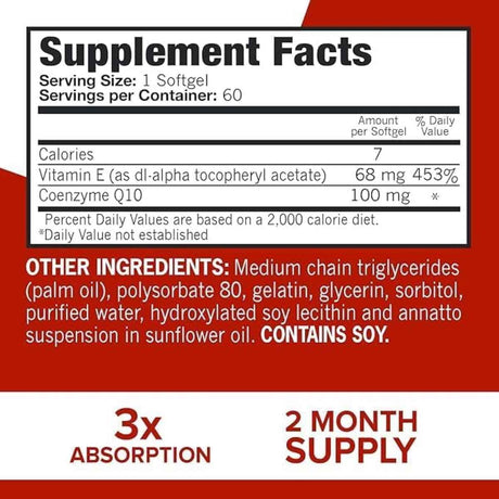 Tabla nutricional del suplemento Qunol Ultra CoQ10 60 cápsulas blandas