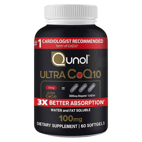 Frasco de suplemento Qunol Ultra CoQ10 60 cápsulas blandas