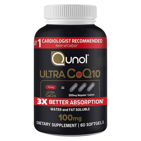 Frasco de suplemento Qunol Ultra CoQ10 60 cápsulas blandas