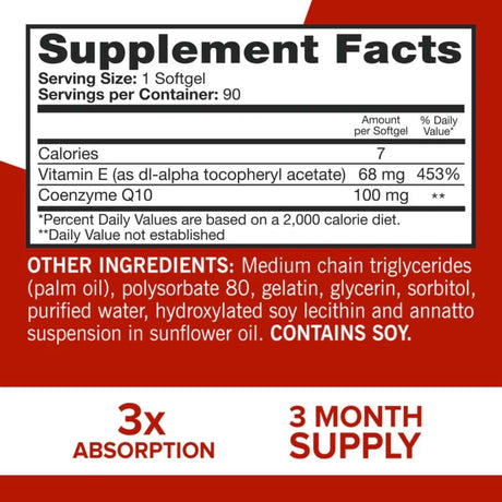 Tabla nutricional del suplemento Qunol Ultra CoQ10 90 cápsulas blandas
