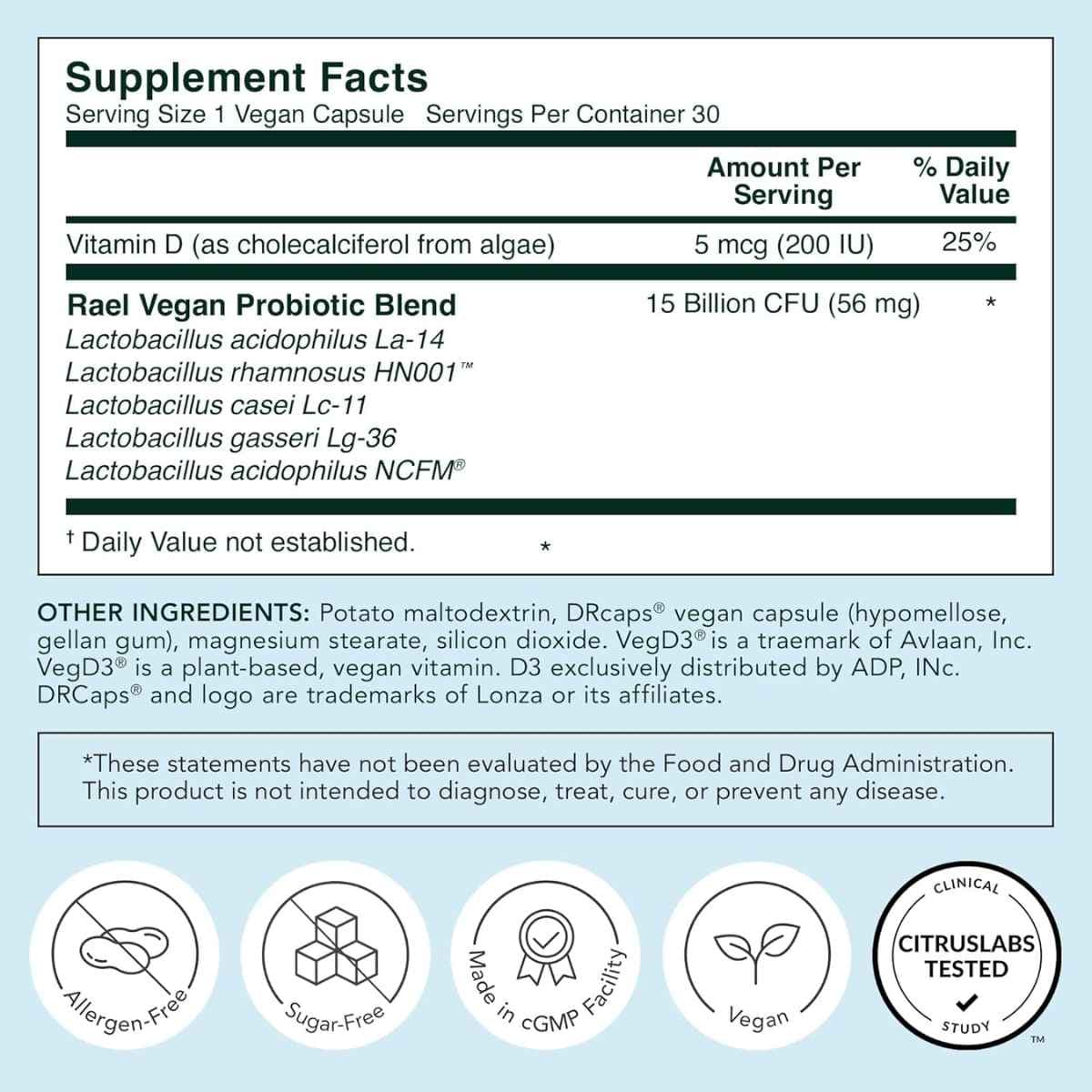 Tabla nutricional del suplemento Rael Probiótico Vaginal 30 Cápsulas