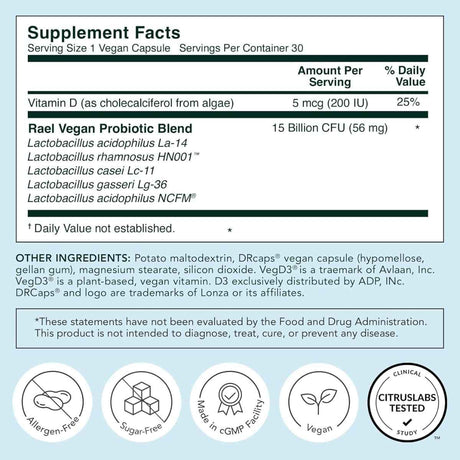 Tabla nutricional del suplemento Rael Probiótico Vaginal 30 Cápsulas