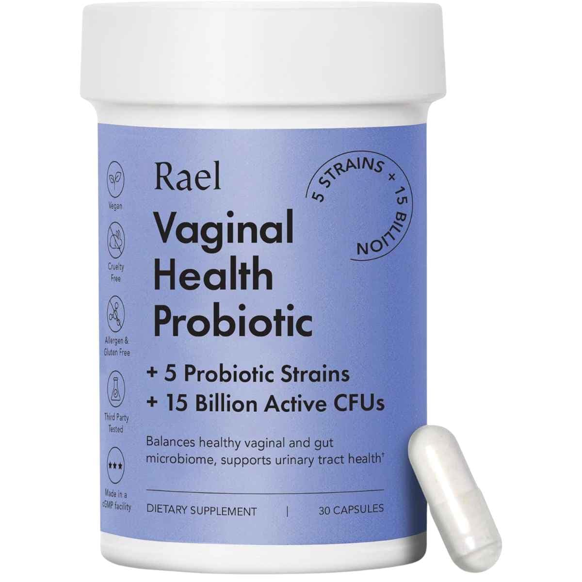 Frasco de suplemento Rael Probiótico Vaginal 30 Cápsulas