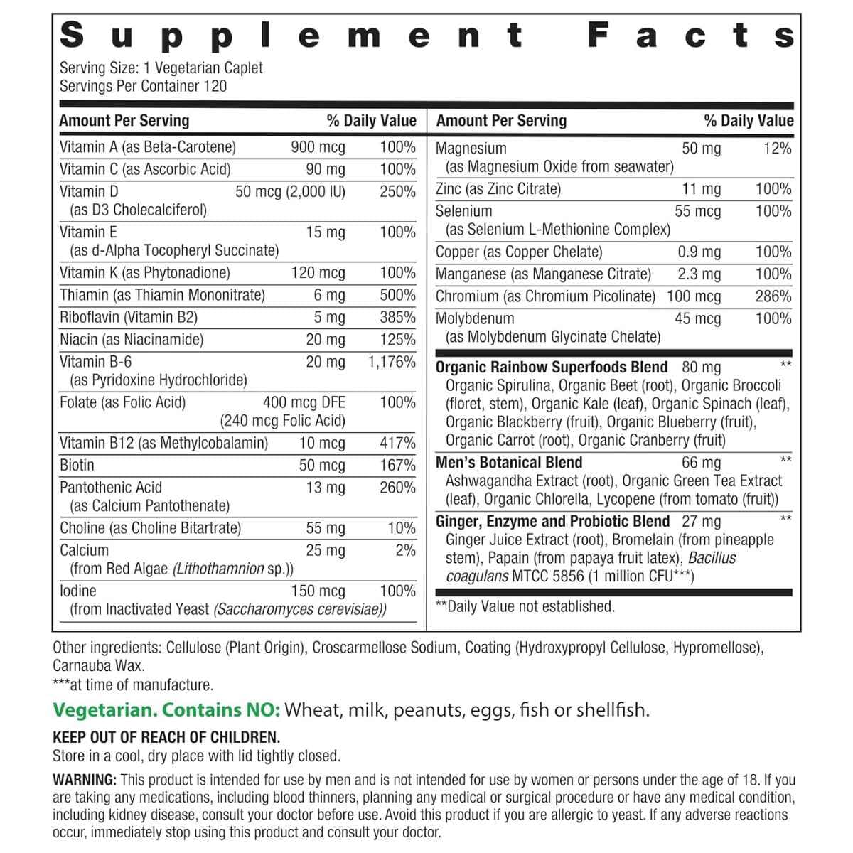 Información del suplemento, ingredientes y advertencias de Rainbow Light Men's One+, presentación de 120 tabletas
