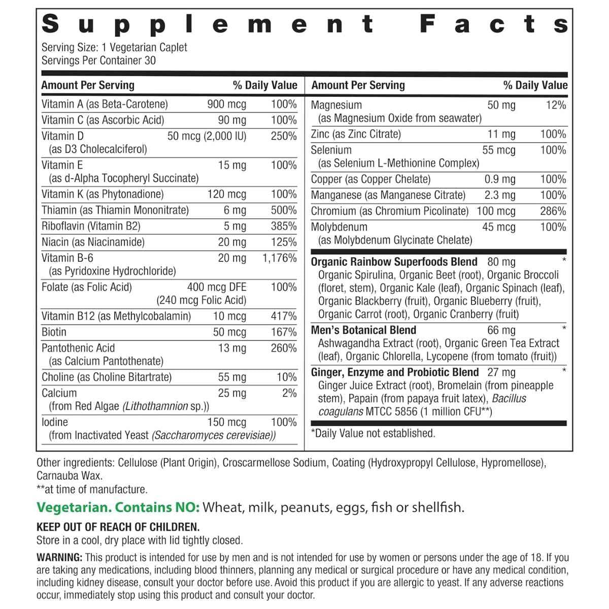 Información del suplemento, ingredientes y advertencias de Rainbow Light Men's One+, presentación de 30 tabletas