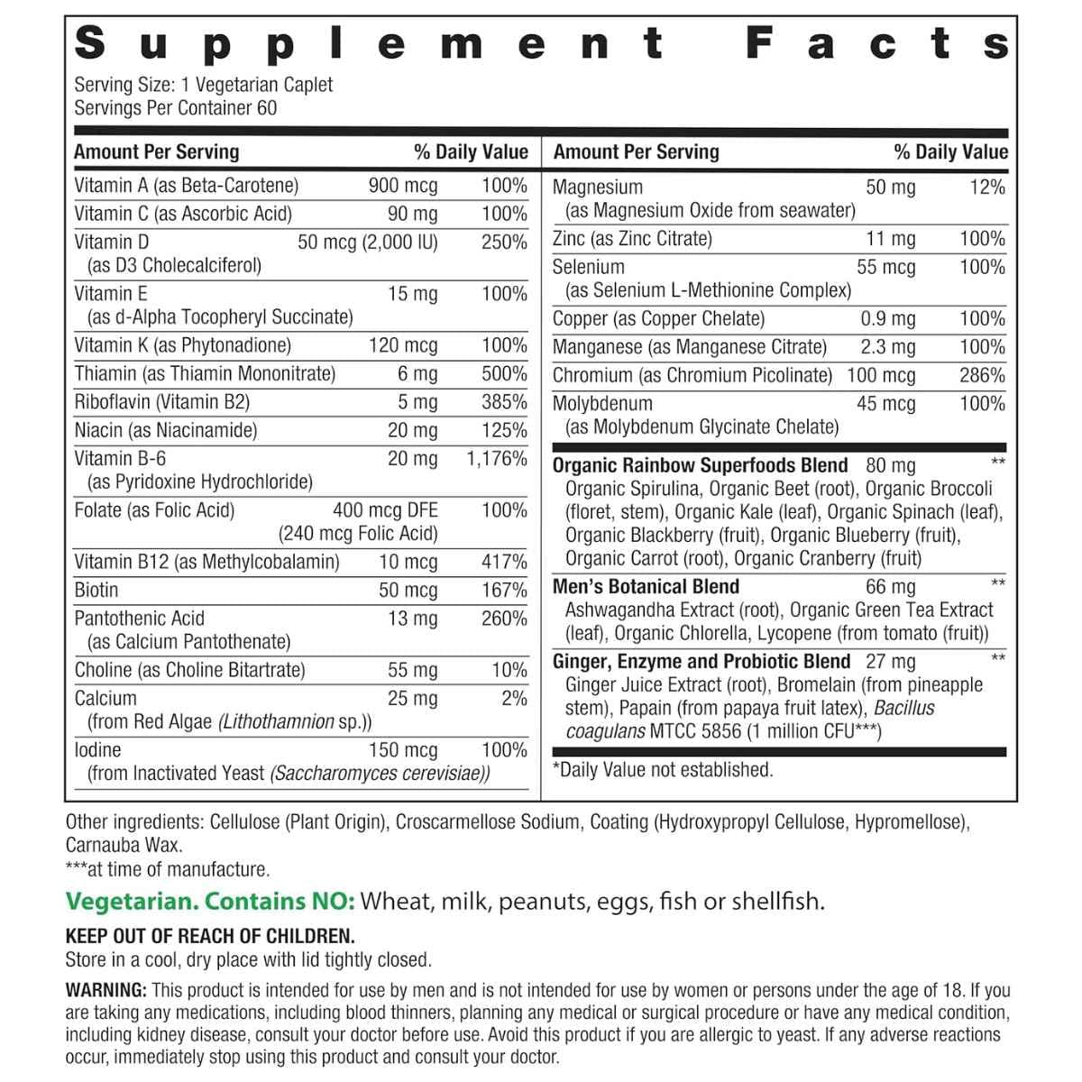Información del suplemento, ingredientes y advertencias de Rainbow Light Men's One+, presentación de 60 tabletas