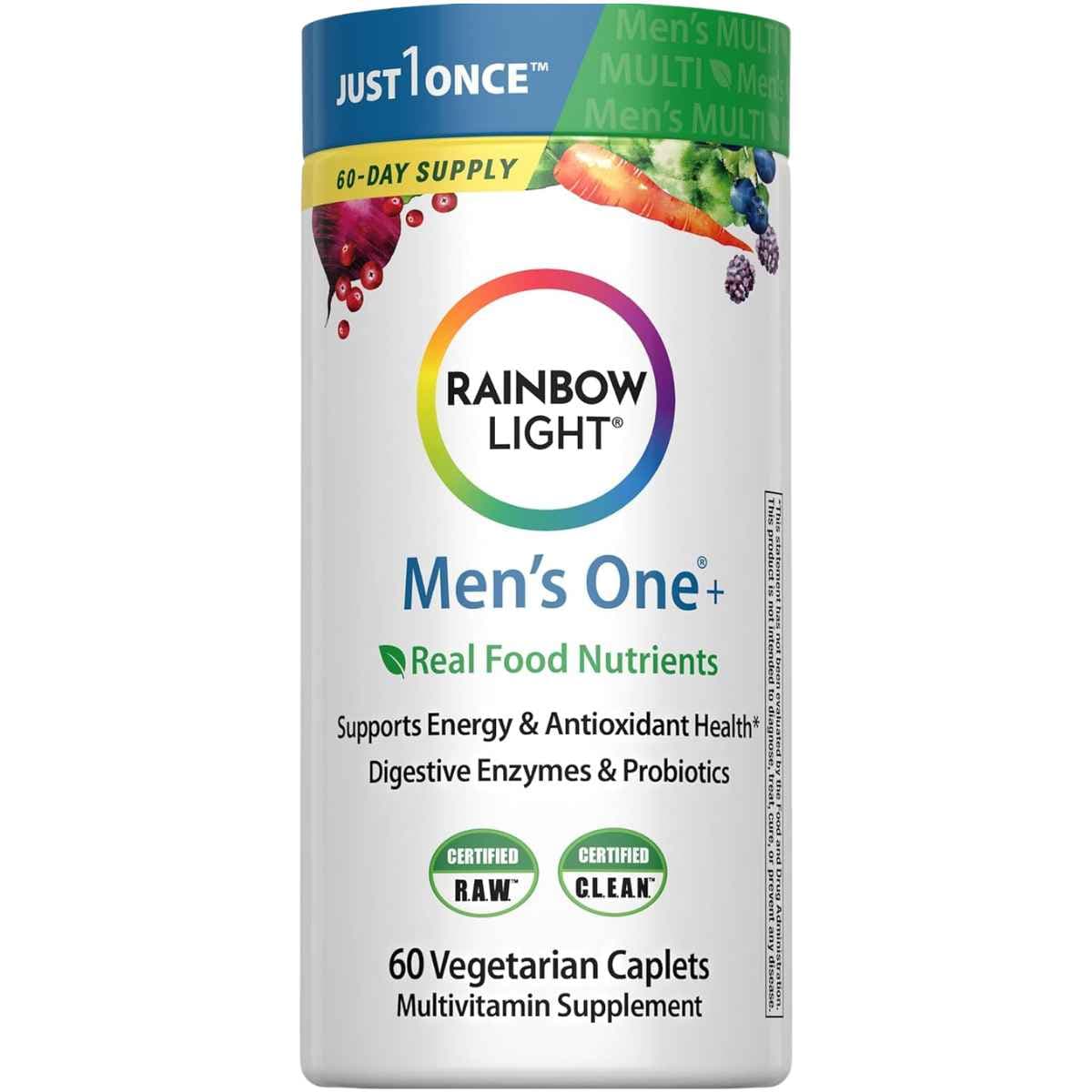 Frasco frontal de Rainbow Light Men's One+ Real Food Nutrients, presentación de 60 tabletas vegetarianas