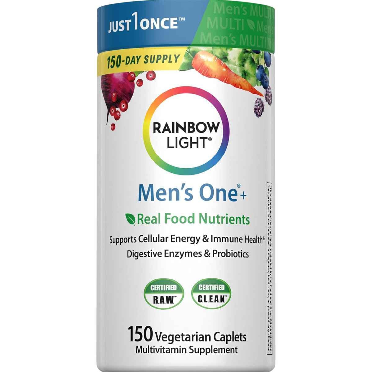 Envase frontal de Rainbow Light Men's One+ Real Food Nutrients, presentación de 150 tabletas