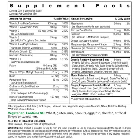 Información del suplemento de Rainbow Light Men's One+ Real Food Nutrients, presentación de 150 tabletas