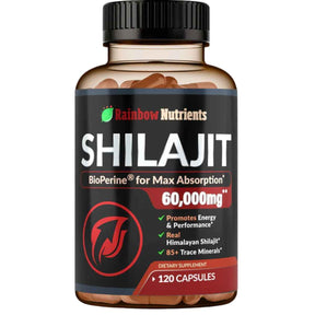Frasco de suplemento Rainbow Nutrients Extracto de Shilajit 120 cápsulas