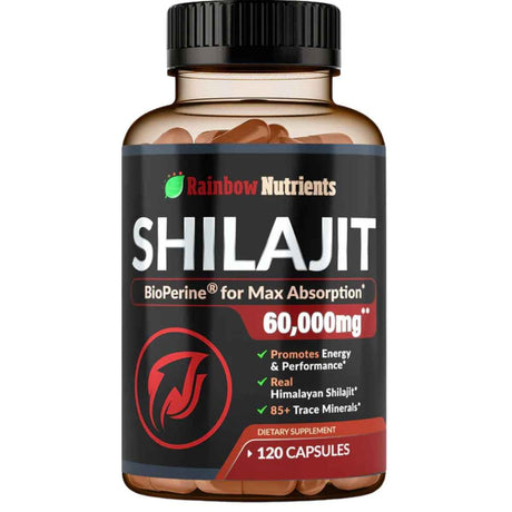 Frasco de suplemento Rainbow Nutrients Extracto de Shilajit 120 cápsulas