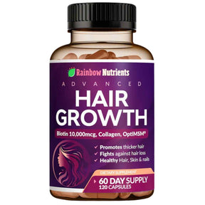 Frasco de suplemento Rainbow Nutrients Fórmula Avanzada para el Cabello con Biotina y Colágeno 120 Cápsulas