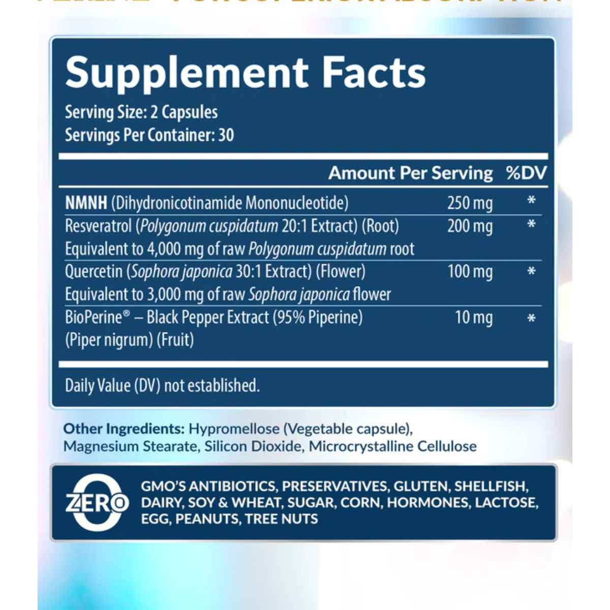 Tabla nutricional del suplemento Rainbow Nutrients NMNH 60 cápsulas