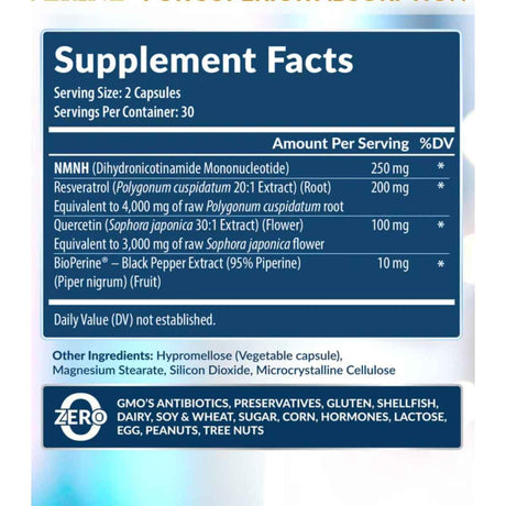 Tabla nutricional del suplemento Rainbow Nutrients NMNH 60 cápsulas