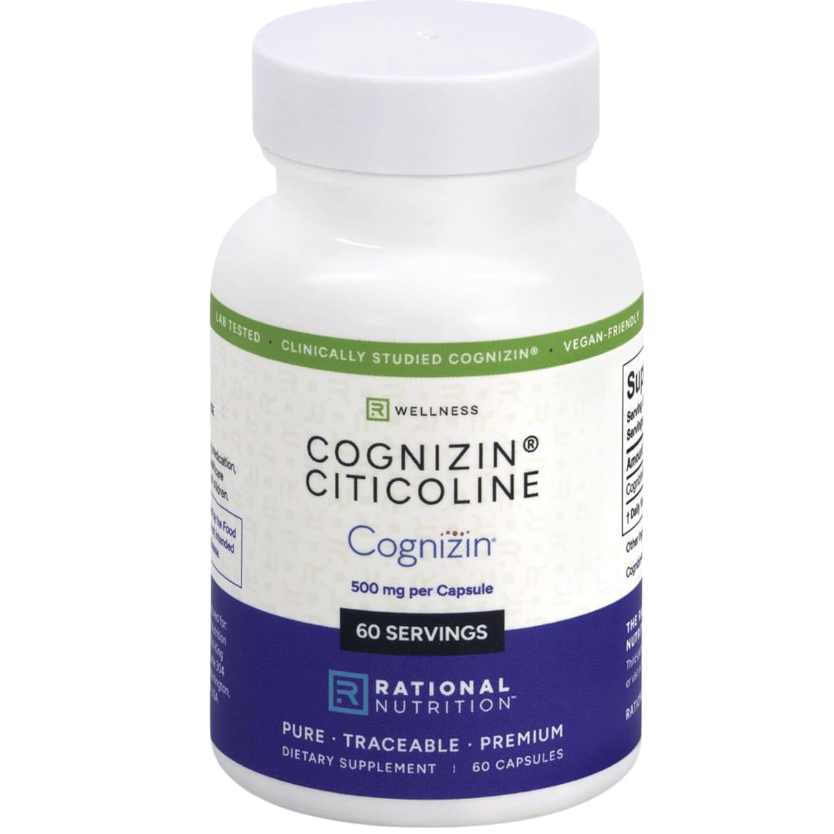 Frasco frontal de Rational Nutrition Cognizin Citicolina 500 mg con 60 cápsulas