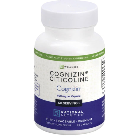Frasco frontal de Rational Nutrition Cognizin Citicolina 500 mg con 60 cápsulas