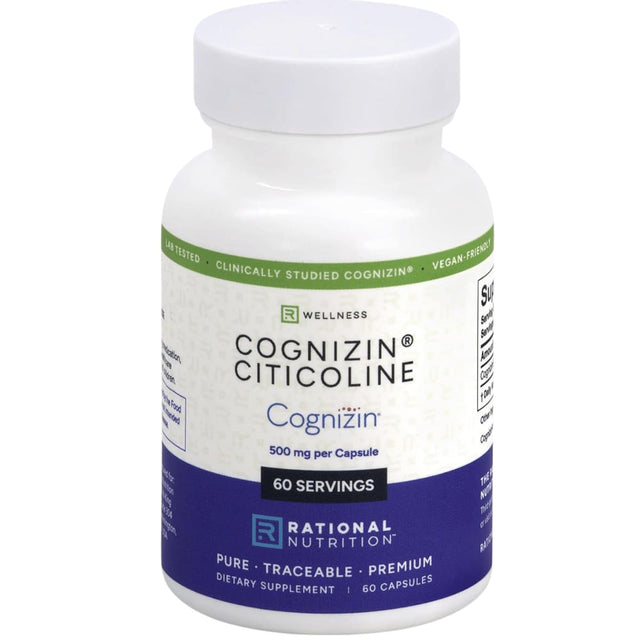 Frasco frontal de Rational Nutrition Cognizin Citicolina 500 mg con 60 cápsulas