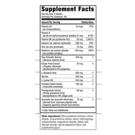 Tabla nutricional del suplemento Real Health Fórmula para la Próstata con Saw Palmetto 270 Tabletas