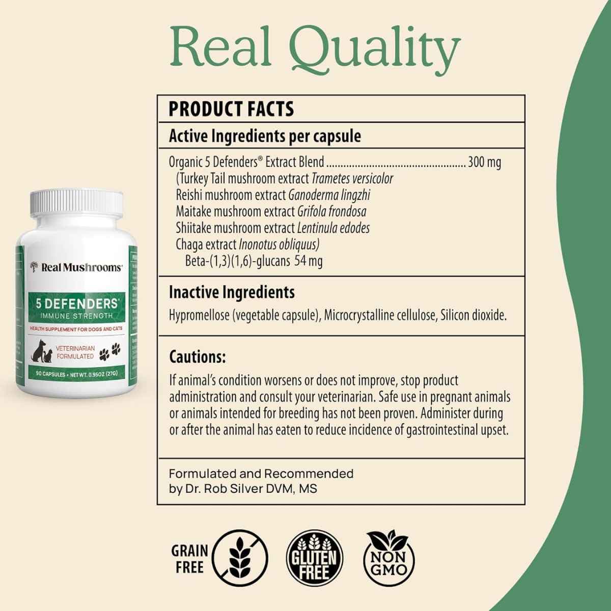 Tabla nutricional del suplemento Real Mushrooms 5 Defenders Mushroom Blend 90 cápsulas