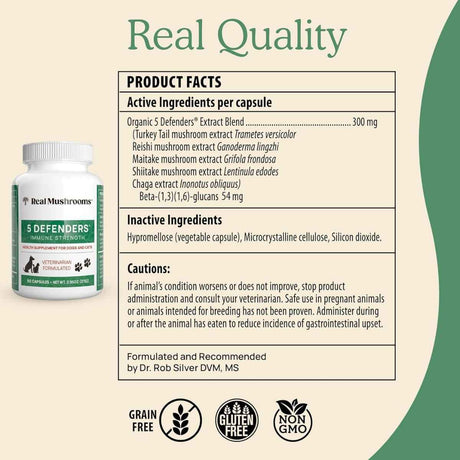 Tabla nutricional del suplemento Real Mushrooms 5 Defenders Mushroom Blend 90 cápsulas