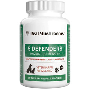 Frasco de suplemento Real Mushrooms 5 Defenders Mushroom Blend 90 cápsulas