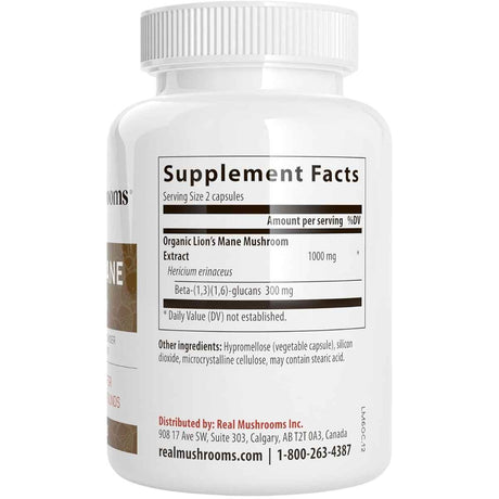 Tabla nutricional del suplemento Real Mushrooms - Extracto de Melena de León Orgánico 300 cápsulas
