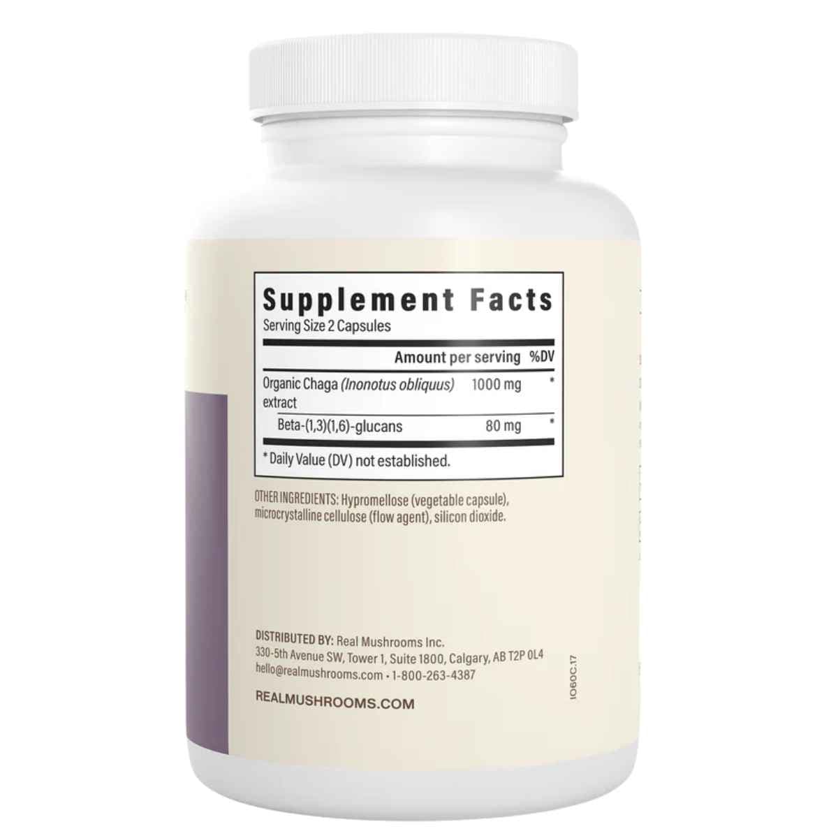 Tabla nutricional del suplemento Real Mushrooms Extracto Orgánico de Chaga 120 cápsulas