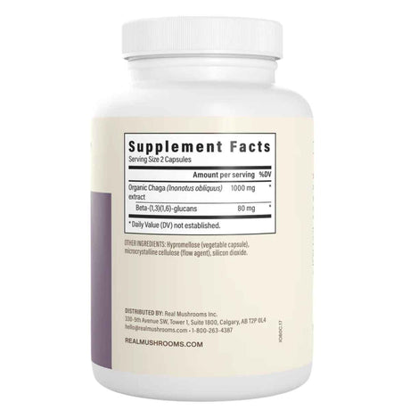 Tabla nutricional del suplemento Real Mushrooms Extracto Orgánico de Chaga 120 cápsulas