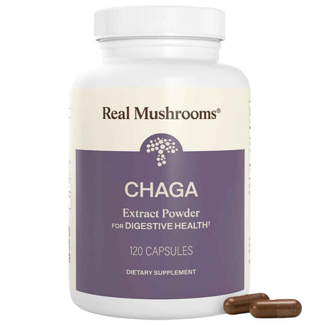 Frasco de suplemento Real Mushrooms Extracto Orgánico de Chaga 120 cápsulas
