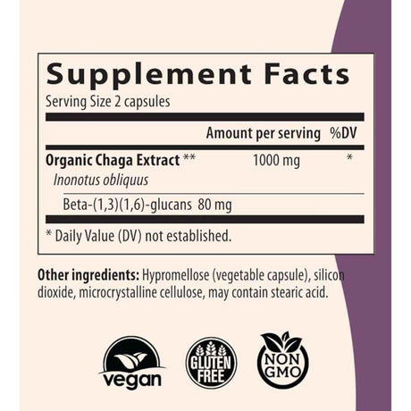 Tabla nutricional del suplemento Real Mushrooms Extracto Orgánico de Chaga 300 cápsulas