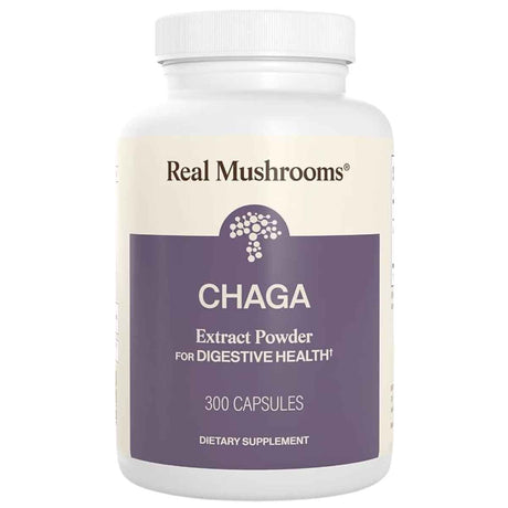 Frasco de suplemento Real Mushrooms Extracto Orgánico de Chaga 300 cápsulas