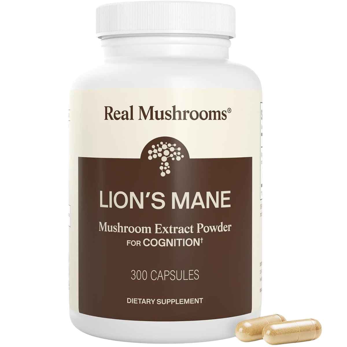 Frasco frontal de Real Mushrooms Melena de León 1000 mg, presentación de 300 cápsulas.