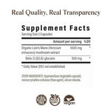 Tabla de suplemento de Real Mushrooms Melena de León 1000 mg, presentación de 300 cápsulas.