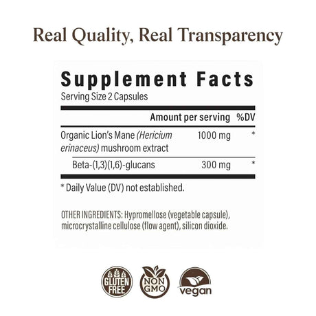Tabla de suplemento de Real Mushrooms Melena de León 1000 mg, presentación de 300 cápsulas.