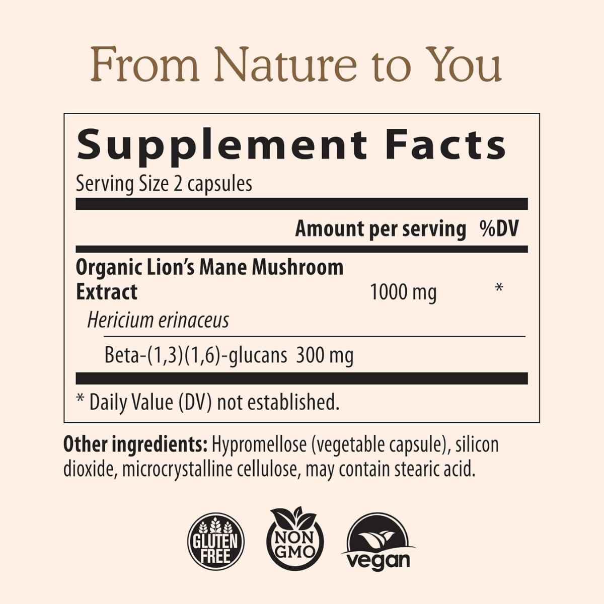 Tabla nutricional del suplemento Real Mushrooms Melena de León 120 cápsulas