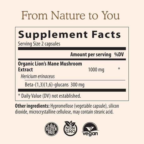 Tabla nutricional del suplemento Real Mushrooms Melena de León 120 cápsulas
