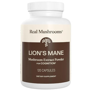 Frasco de suplemento Real Mushrooms Melena de León 120 cápsulas