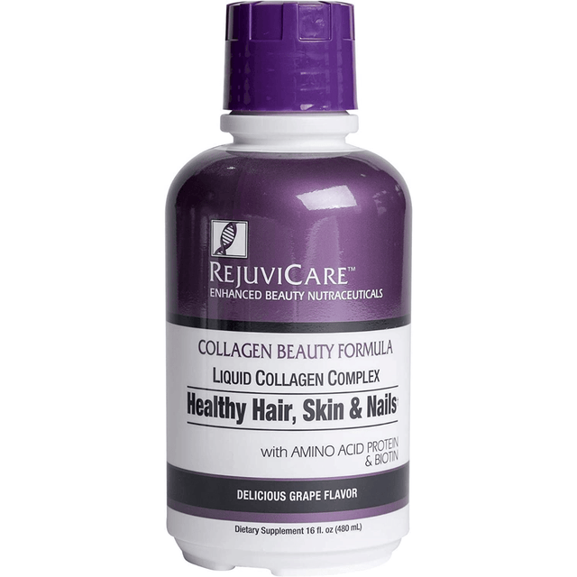 Frasco de suplemento Rejuvicare Complejo de Colágeno Líquido Sabor Uva 473 ml