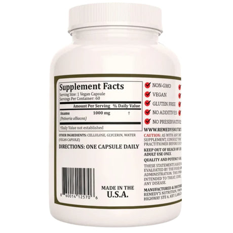 Tabla nutricional del suplemento Remedy's Nutrition Anamu 1000 mg 60 cápsulas veganas