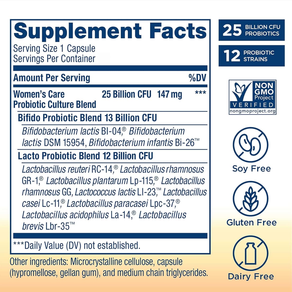 Tabla nutricional del suplemento Renew Life Probiótico para el Cuidado de la Mujer 30 cápsulas