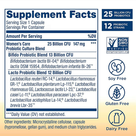 Tabla nutricional del suplemento Renew Life Probiótico para el Cuidado de la Mujer 30 cápsulas