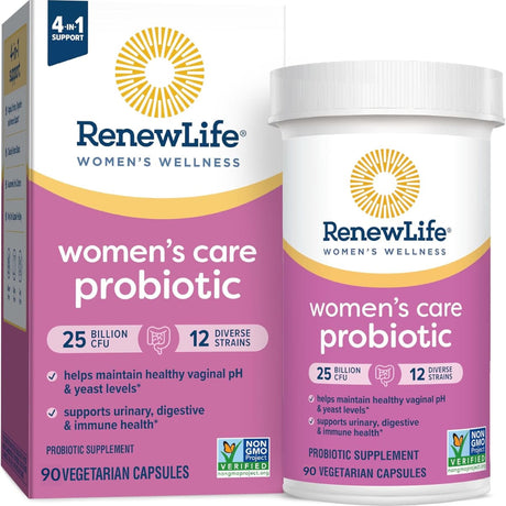 Frasco de suplemento Renew Life Probiótico para el Cuidado de la Mujer 90 cápsulas
