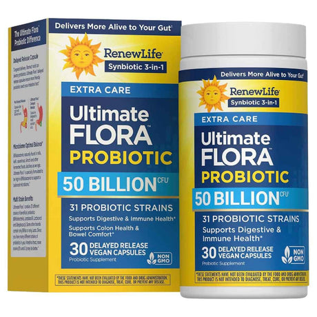 Renew Life Ultimate Flora Extra Care probiótico de 50 mil millones de UFC en presentación de 30 cápsulas