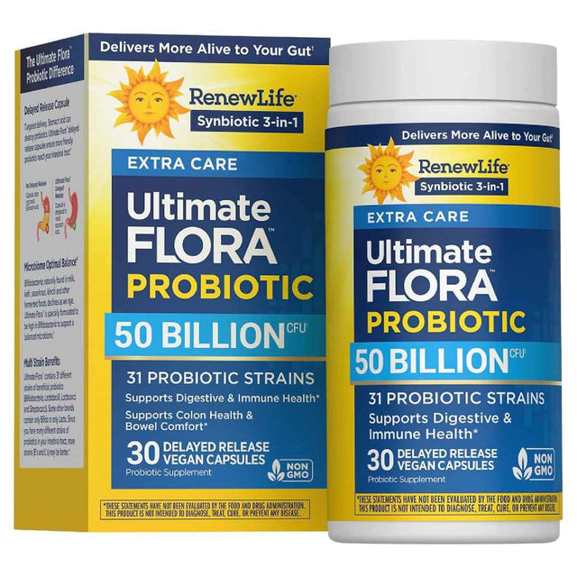 Renew Life Ultimate Flora Extra Care probiótico de 50 mil millones de UFC en presentación de 30 cápsulas