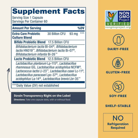 Tabla nutricional del suplemento RenewLife Probiótico Digestivo Cuidado Extra 60 Cápsulas Vegetarianas
